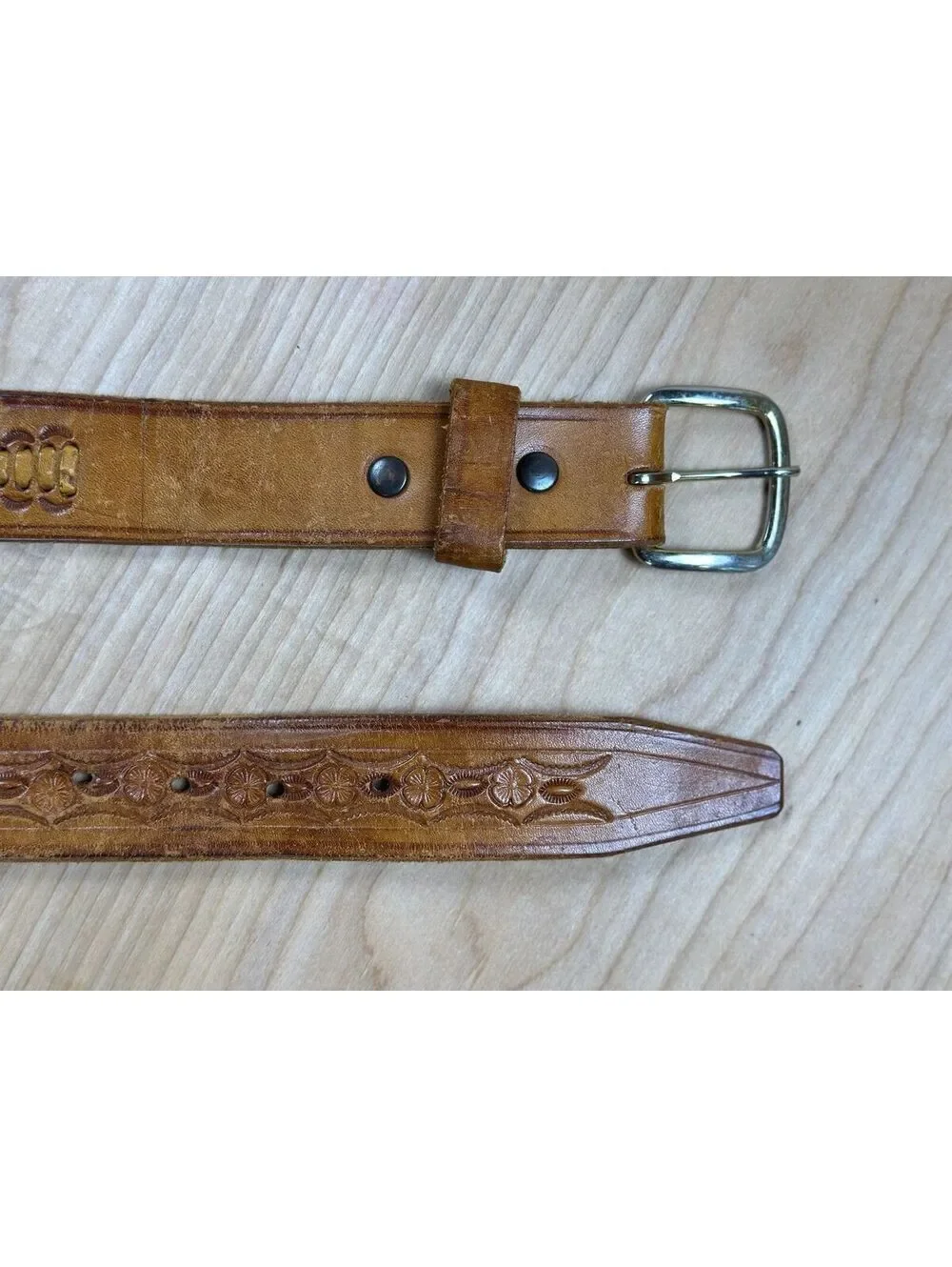 Vintage 70s Western Leather Belt 38 woven tooled floral flowers 1-3/8